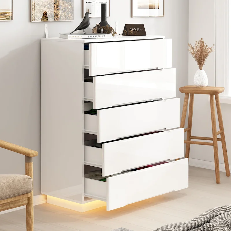 31.5 High Gloss Chest With Light Chest w/5 Drawers&Spacious Tabletop