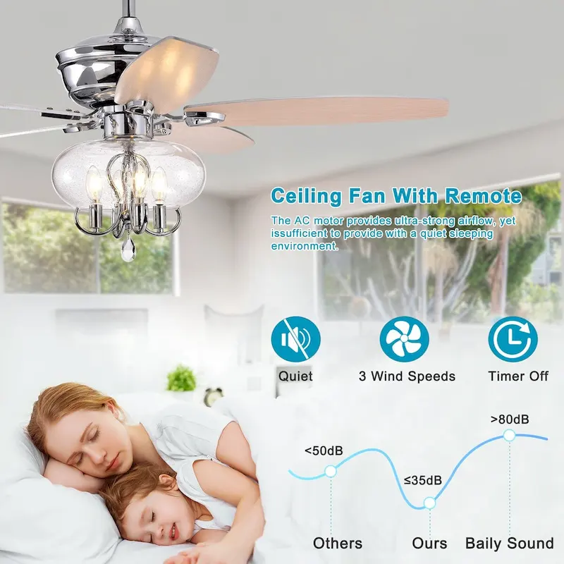 Bella Depot 52  Modern Matte Silver Ceiling Fan with Remote Control and Light Kit, 3-Speed Reversible Blades - 52 Inches