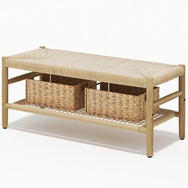 Boho Farmhouse Solid Wood Entryway Shoe Bench with Hand Woven Rope Design and Two Baskets, Natural End To Bed Bench