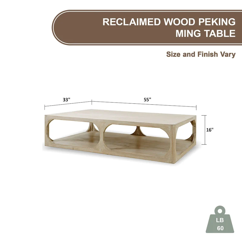 Reclaimed Wood Peking Ming Coffee Table, Small, 55 Inch Long, Weathered White Wash