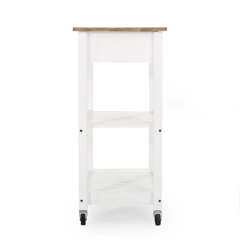 Compact Wooden Kitchen Cart with Wheels Shelves and Drawer