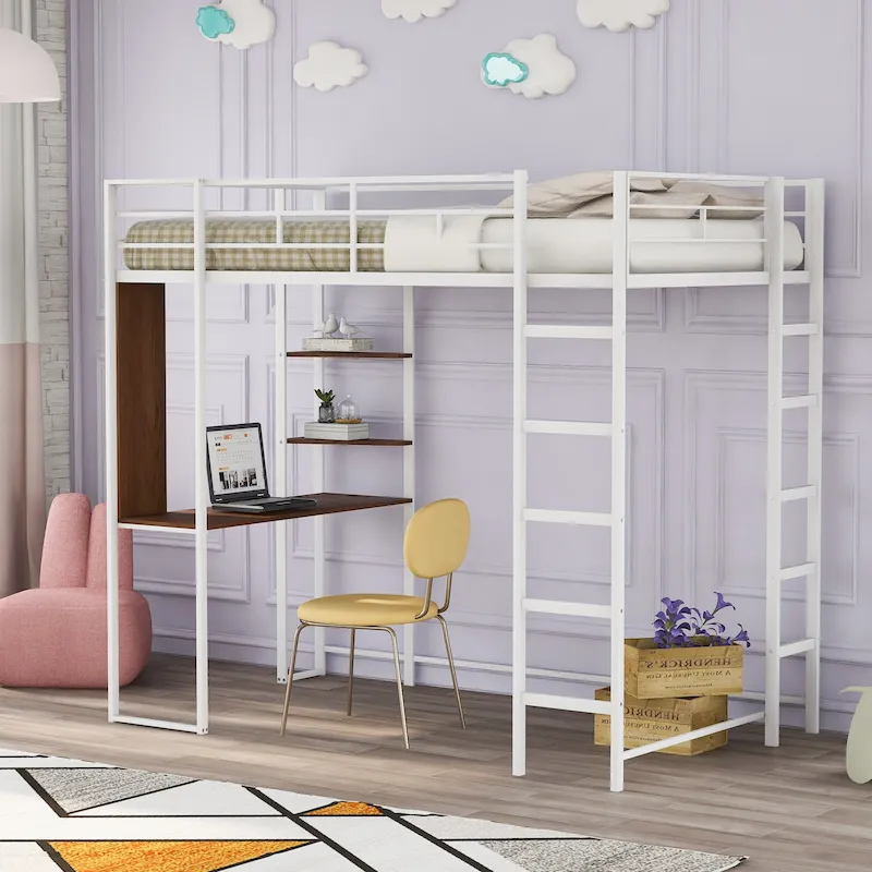 White Twin Size Metal Loft Bed with Ladder, Fence, Shelves, and Desk