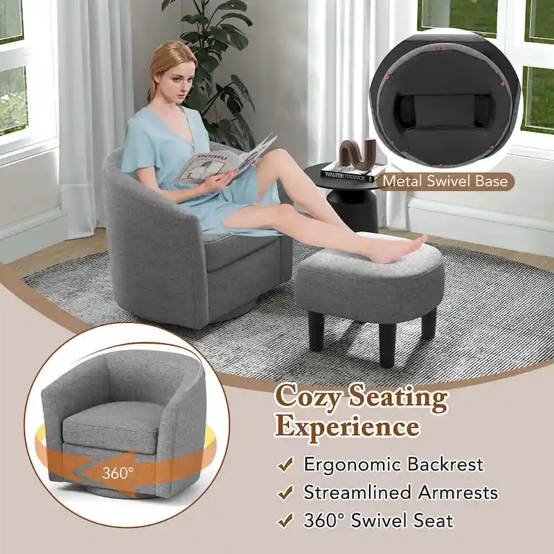 Swivel Barrel Chair with Ottoman Footrest Curved Backrest
