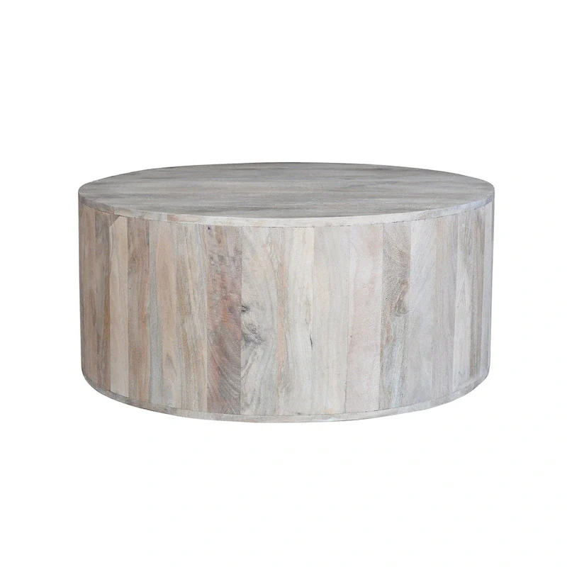36 Inch Coffee Table, Handcrafted Drum Shape, Washed White Mango Wood