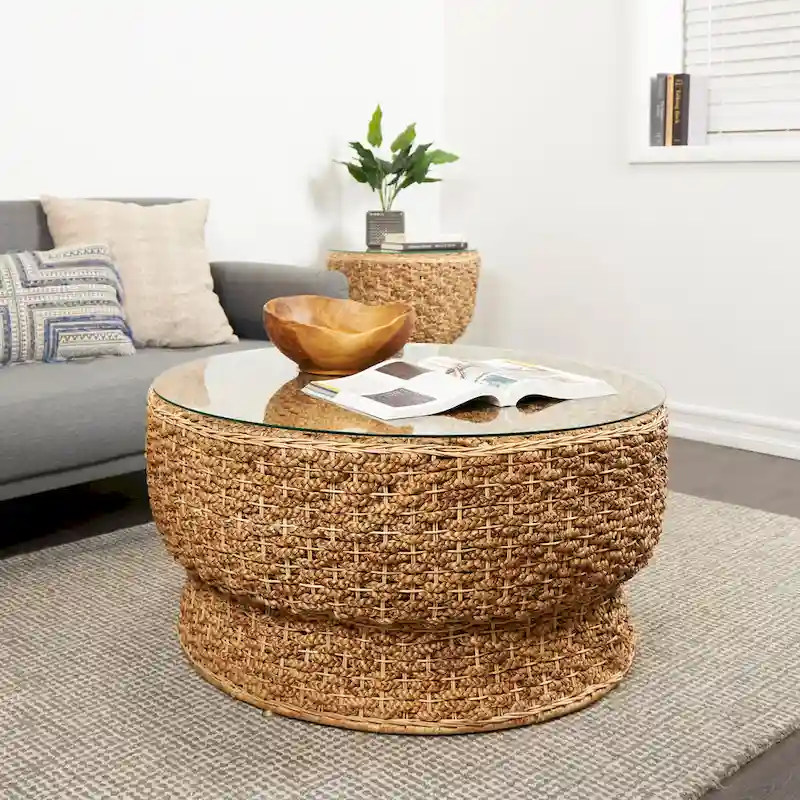 Rattan and Seagrass Handmade Woven Tapered Coffee Table or Accent Table with Glass Top Brown