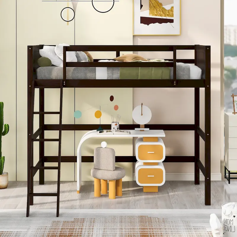 Espresso Twin Size Solid Wood Loft Bed with Ladder and Fence