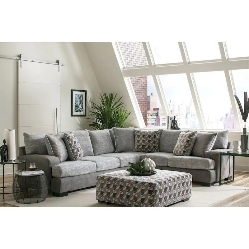Modern Transitional Style Grey Solid Wood L-Shaped Sectional Sofa