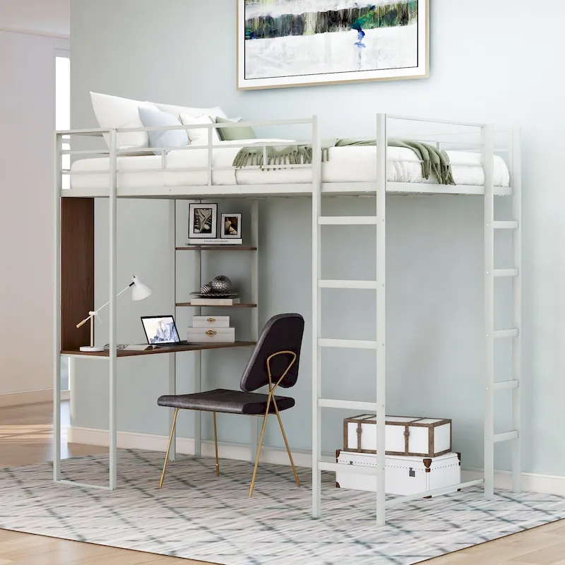 Silver Twin Size Metal Loft Bed with Ladder, Fence, Shelves, and Desk