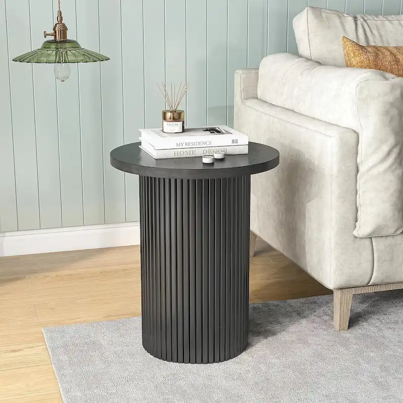 Round Wood End Table Fluted Pedestal Side Table