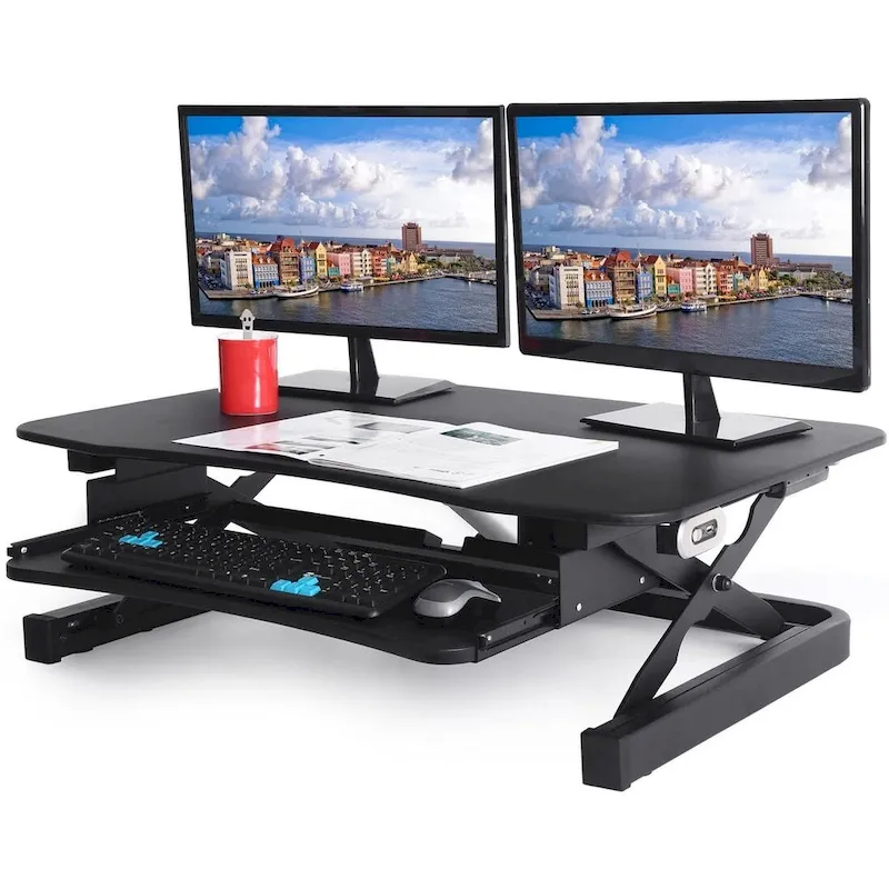 Electric Sit-to-Stand Desk Riser, Brown/Black/White, 36"x24" Surface, USB Port, No Assembly
