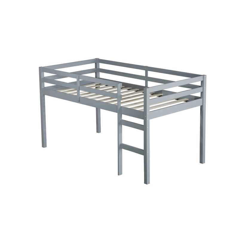 Grey Twin Size Rubber Wooden Loft Bed with Ladder, Bed Platform of Strengthened Slats