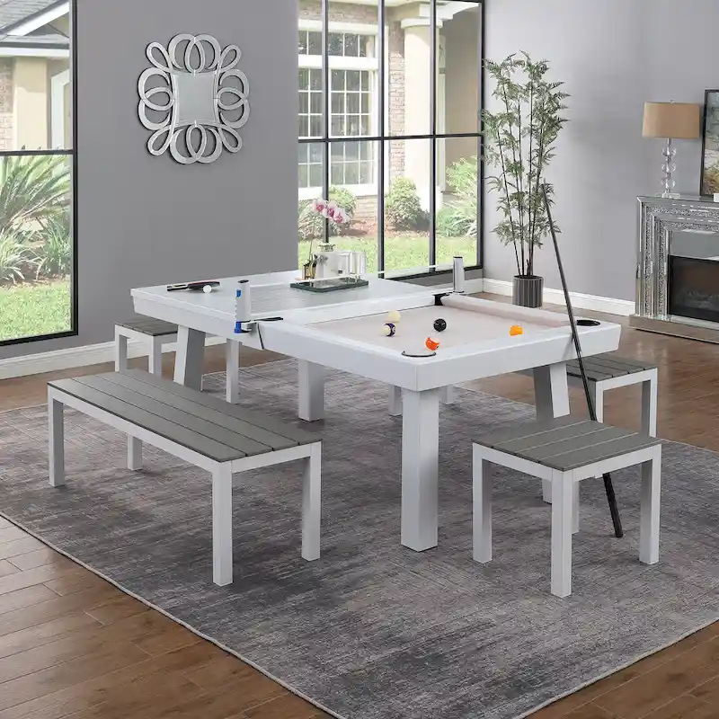 Indoor/Outdoor 7ft Slate Pool Table 6-Seater Dining Set with 4 Benches & Accessories, White Finish