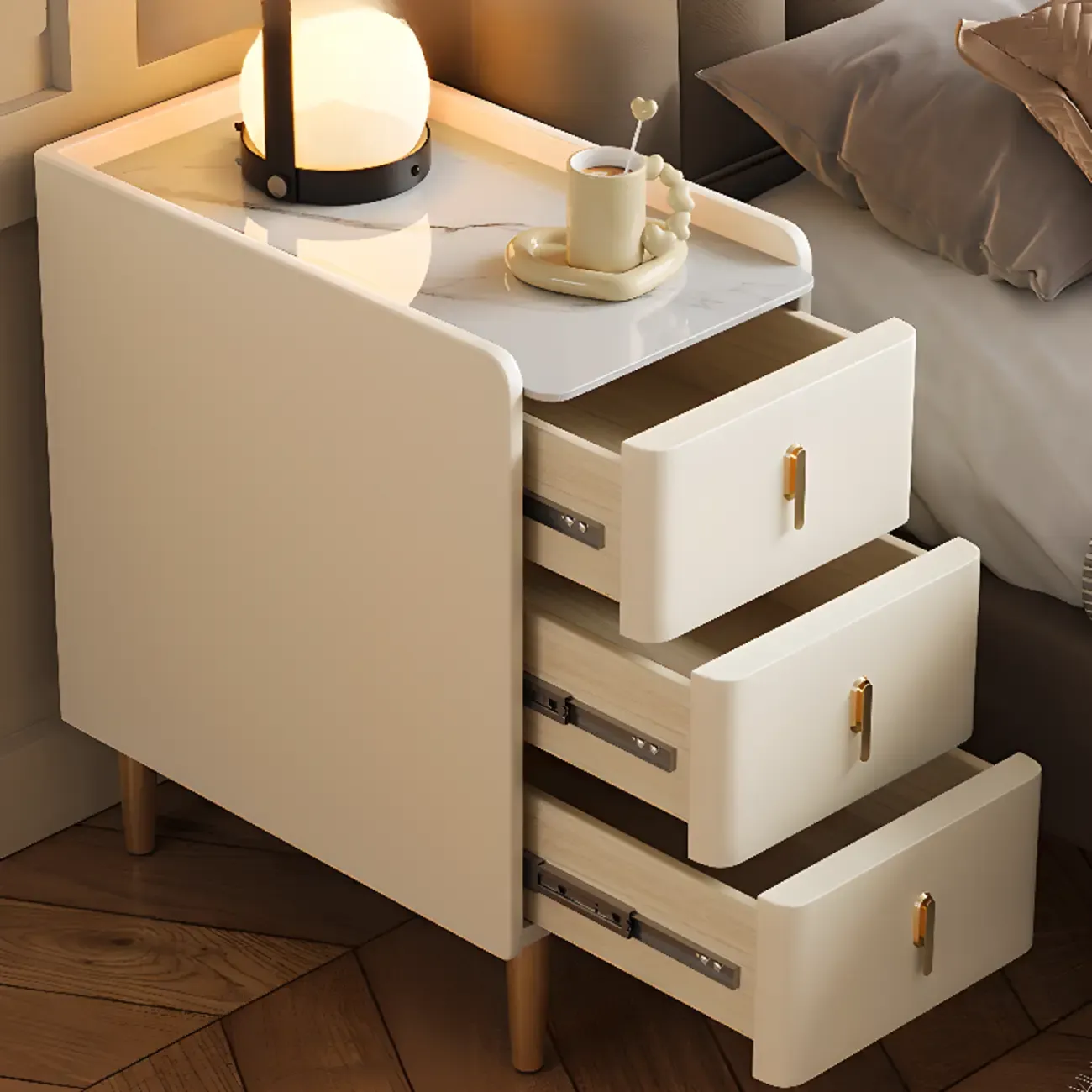 Glam Marble Top Wooden Cream 3 Drawers Nightstand