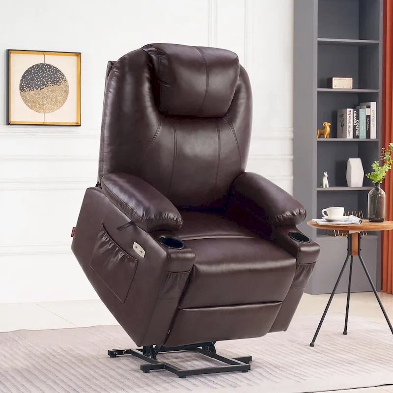 MCombo Large Power Lift Recliner Leather Chair with Massage, Heat, Cup Holders,Extended Footrest, Leather 7516
