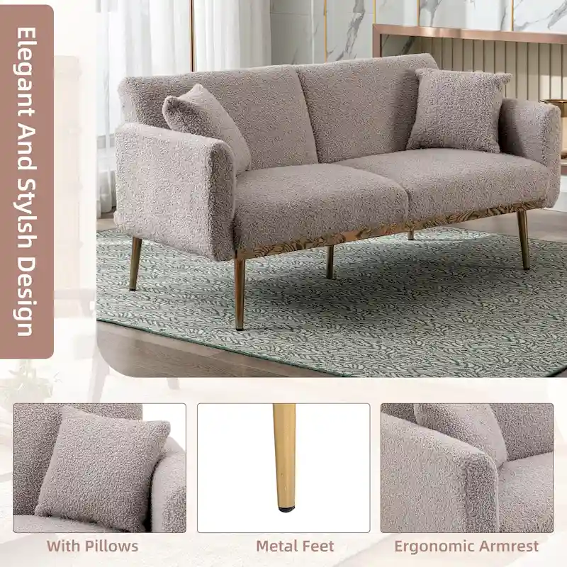 Teddy Fabric Upholstered Tufted Loveseats Sleeper Sofa With Rose Golden Legs