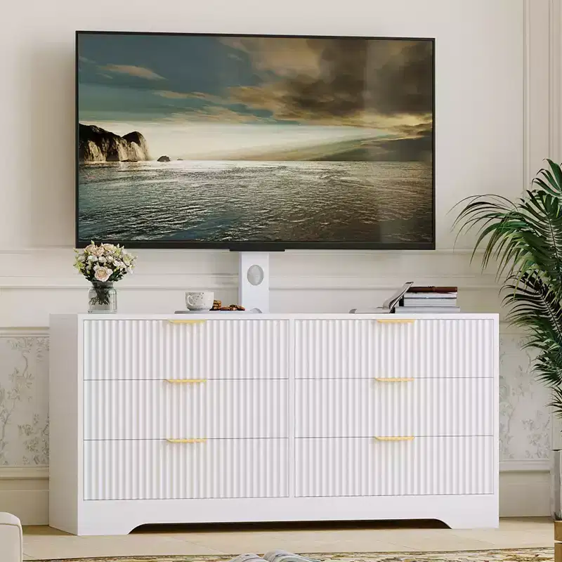 TV Stand with Mount – Black / White / Wood Color, 6 Drawers, Fits 32–85