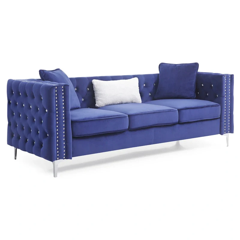 Tufted Velvet Sofa - Blue, 3-Seater, Track Arms, 2 Throw Pillows, 86W x 30H, Contemporary