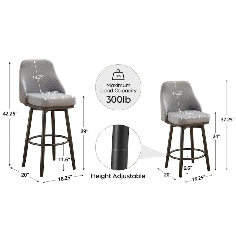 Bar Stools Set of 2 Chenille Adjustable Counter Height Swivel Bar Stools with Back Metal Leg,24 to 29 Inch,Light Gray