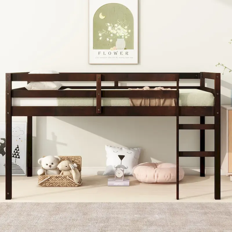 Solid Wooden,Rubber Wooden Twin Loft Bed with Ladder,Bed Platform of Strengthened Slats