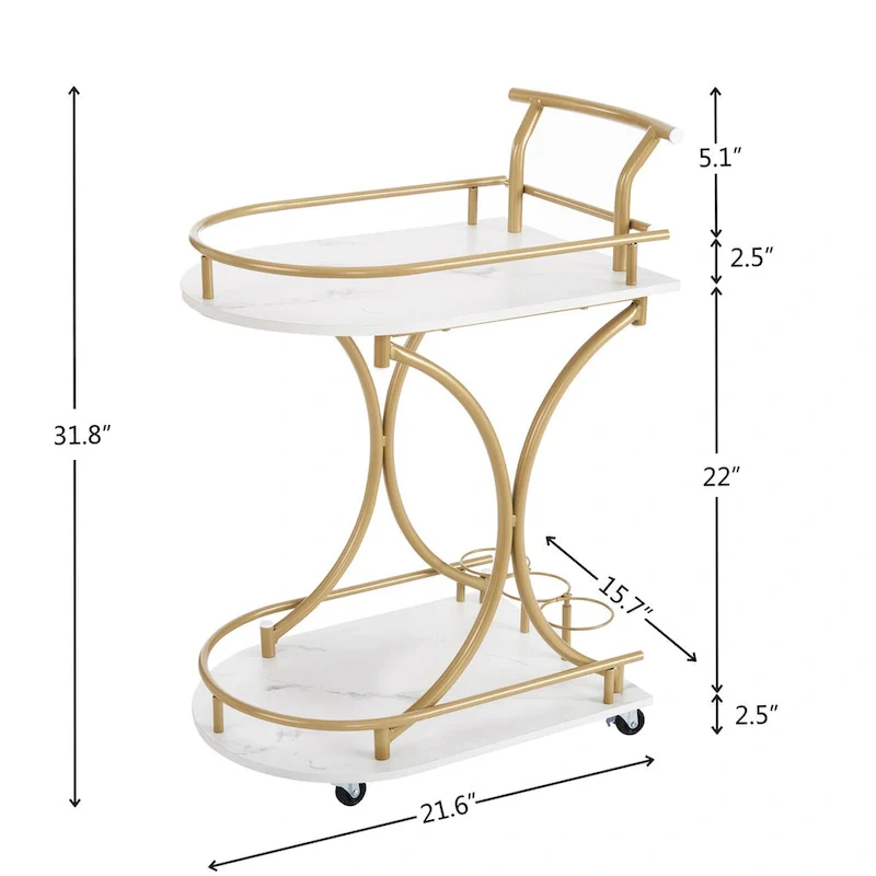2-Tier Bar Cart on Wheels, Modern Mobile Bar Trolley Serving Cart with Wine Rack, White+Gold