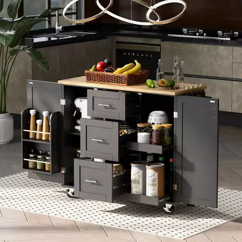 MAYEERTY Black Rolling Kitchen Island with Rubber Wood Top, 3 Drawers 2 Slide-Out Shelves Spice Rack Tower Rack