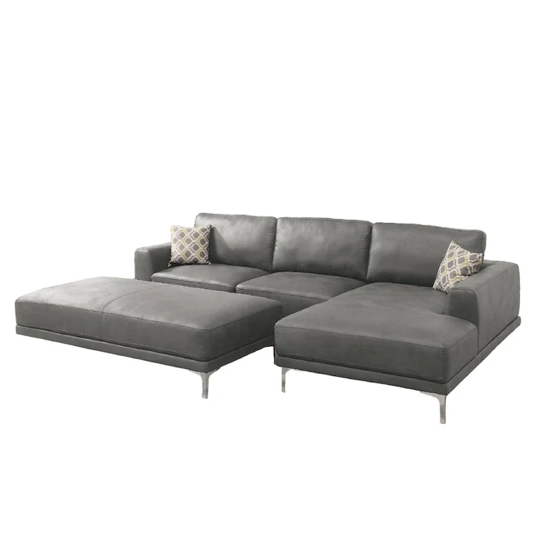 Kemy 2pc L Sectional Sofa Set w Chaise, Gray Faux Leather Upholstery