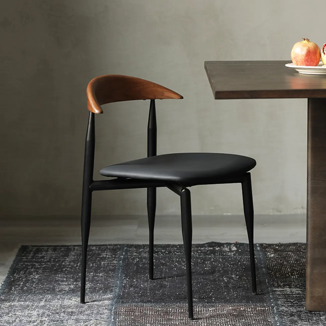 Mid-Century Modern Dining Chair with Black Leather Seat