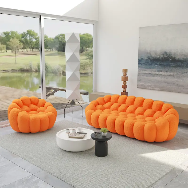 2PCS 3D Honeycomb Fabric Upholstered Bubble Sofa, 3 Seater Bubble Couch and Single Sofa for Living Room