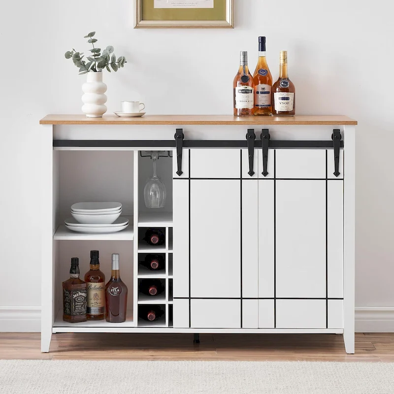 Farmhouse 47 Wine Bar Cabinet Buffet Sideboard Cabinet with 16 Bottle Wine Rack - 15.7D x 47.2W x 34.61H