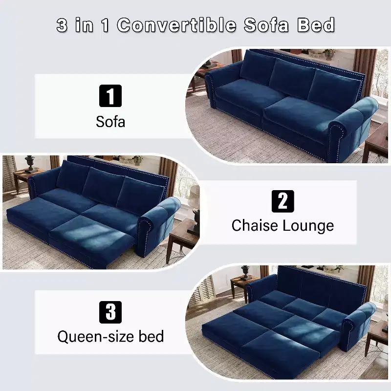 MAYEERTY 93.7 King Pull Out Sofa Bed, 3-in-1 Velvet Convertible Sleeper Sofa with Nailhead Trim& Rolled Arm Blue
