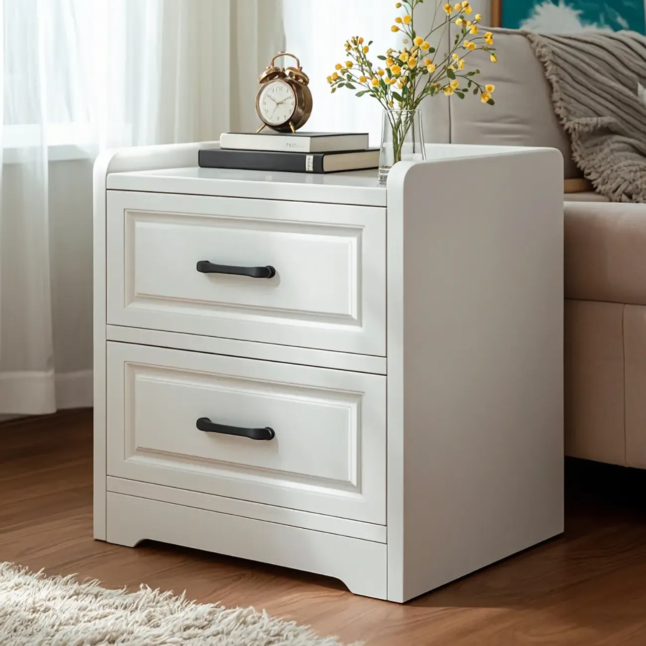 Classic Narrow Wooden White Nightstand with 3 Drawers