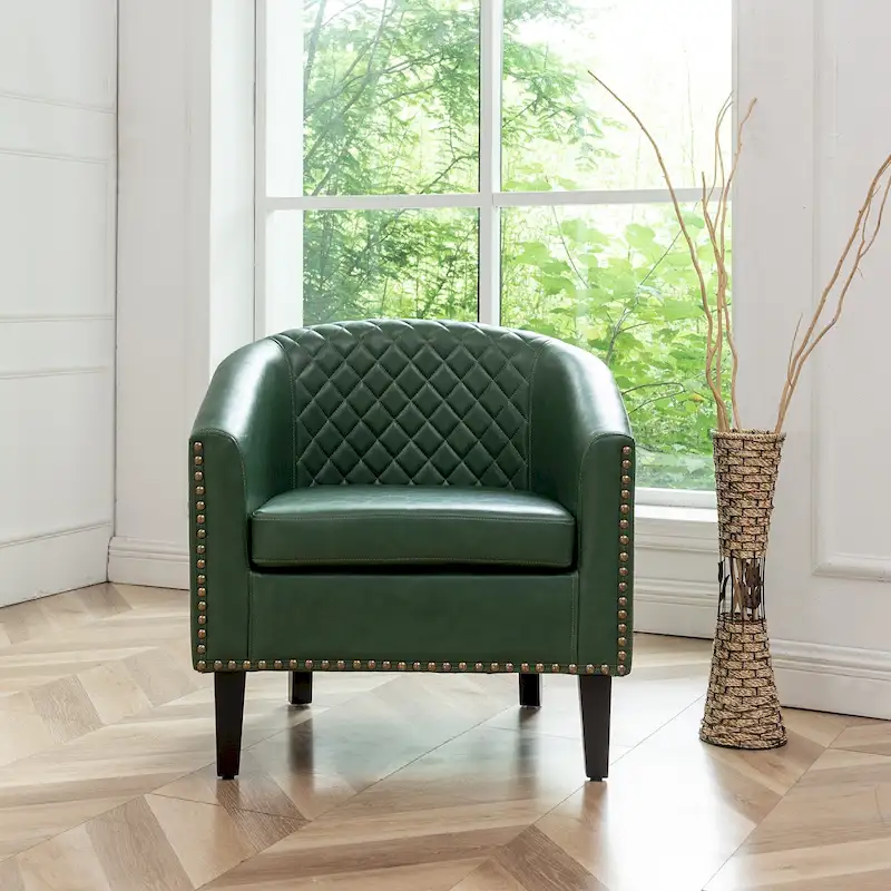 KINWELL PU Leather Tufted Barrel Chair Club Armchair with Nailheads