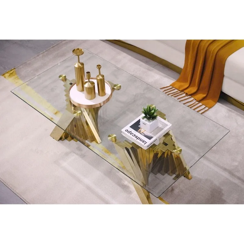 Modern Coffee Table Clear Tempered Glass Living Room Coffee Table with Geometric Base