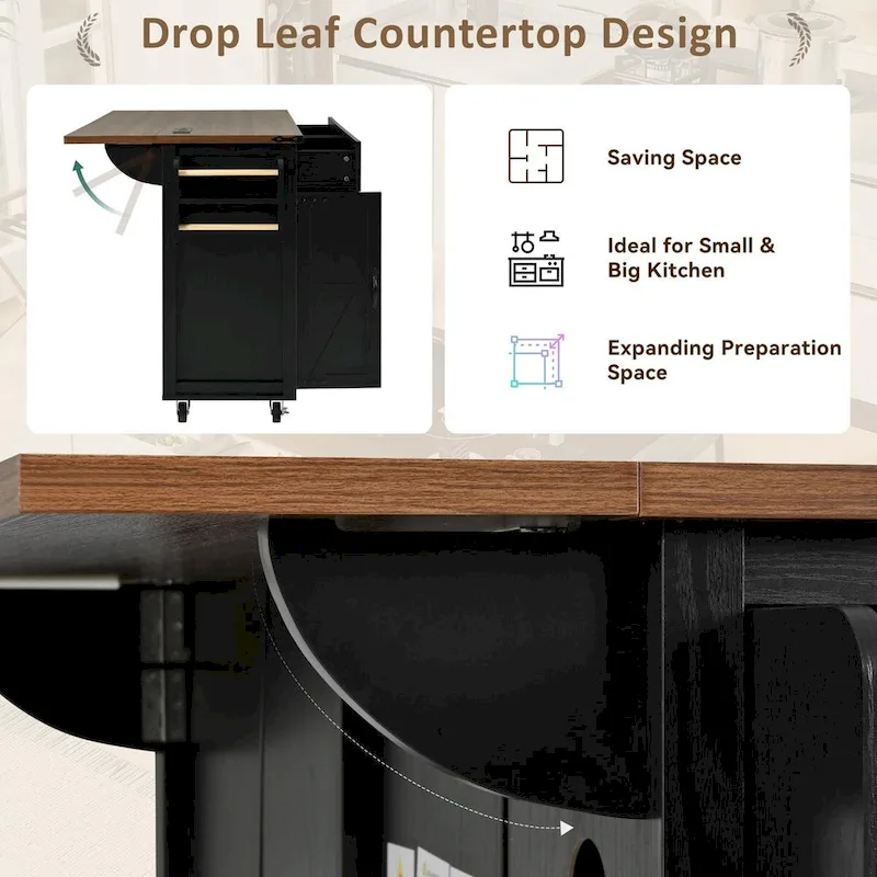 53.5 in. W Farmhouse Rolling Kitchen Island Cart with Drop Leaf and Power Outlet