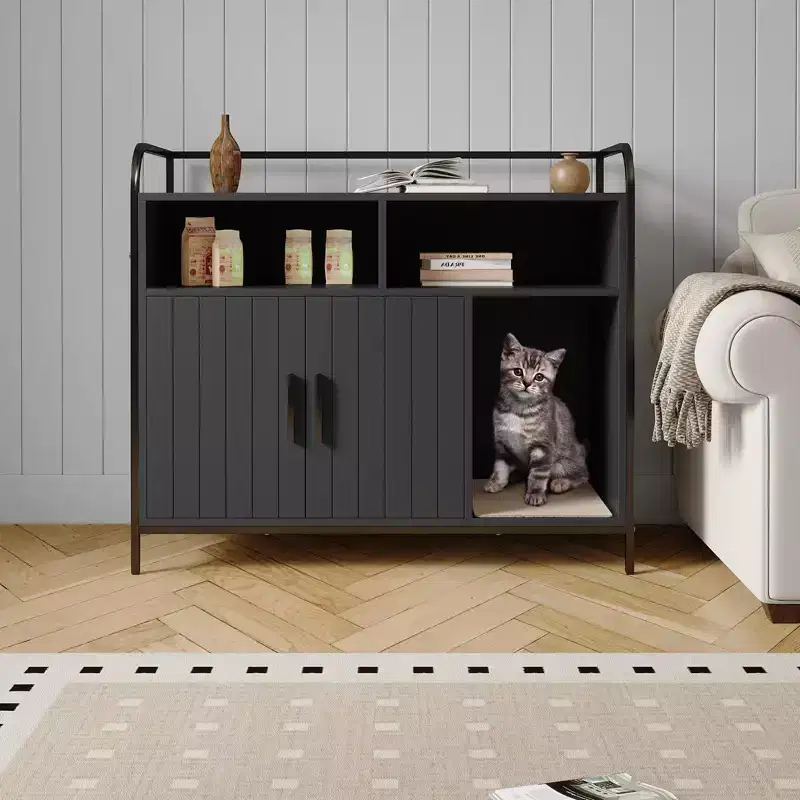 Hidden Litter Box Enclosure with Barn Door, Wood Cabinet & Side Table, Dog-Proof, Black
