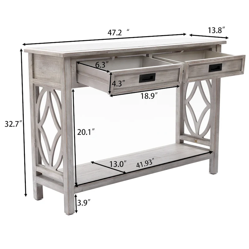Grey Washed Wood 2-Drawer 1-Shelf Console and Entry Table - 32.7 H x 47.2 W x 13.8 D