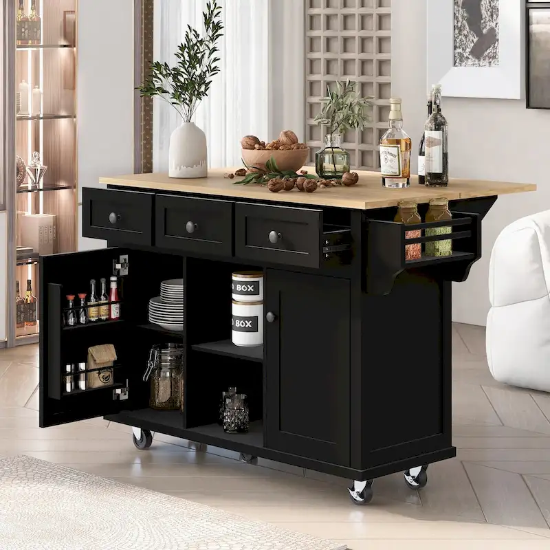 Kitchen Cart with Rubber wood Drop-Leaf Countertop 5 Wheels with Storage Cabinet and 3 Drawers