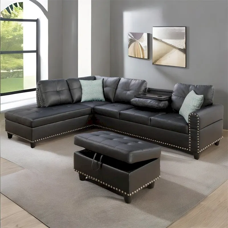 L-shaped Faux Leather Sectional Sofa with Ottoman and Pillows