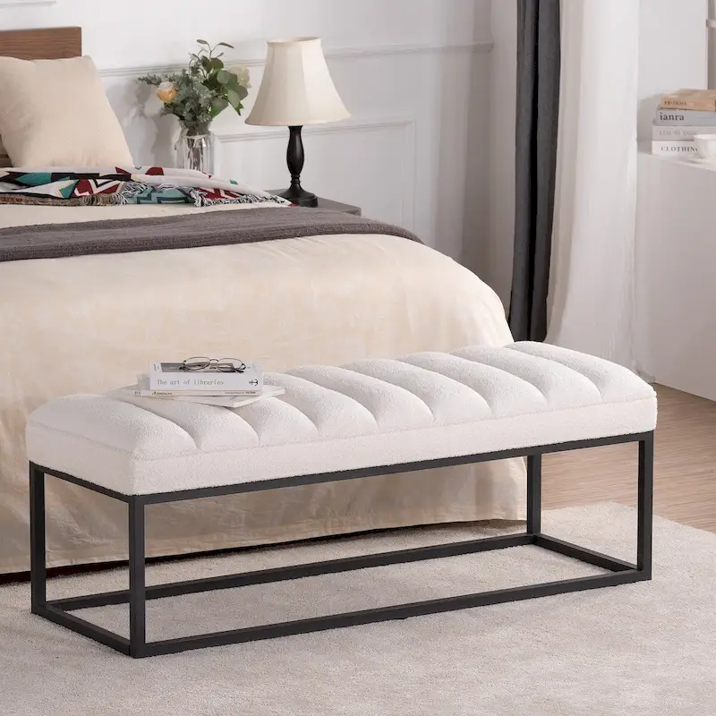 Metal Base Upholstered Bench Footstool for Entryway Living Room