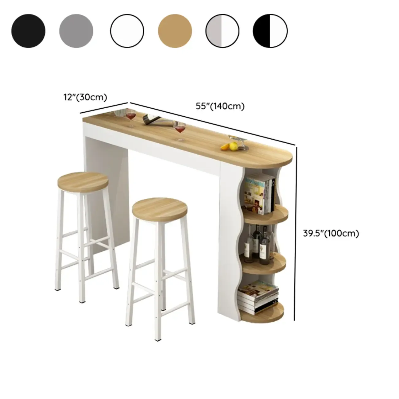 Modern Black-White Wooden Asymmetrical Shelves Bar Tables