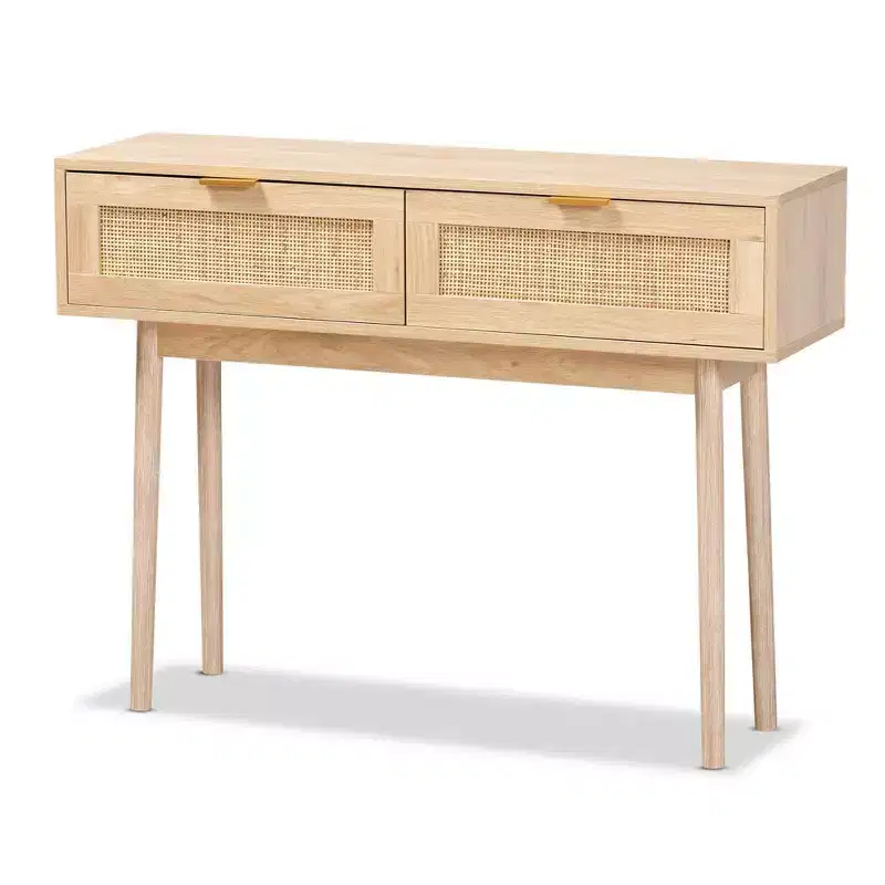 Baird Wood and Rattan 2 Drawer Console Table Brown - Baxton Studio: Gold Tone Handles, Bohemian Style