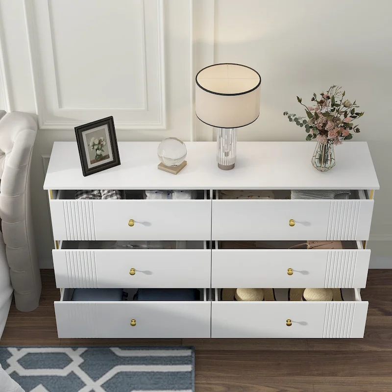 White Lacquer Dresser 6 Drawer Dresser with Metal Handle and Legs