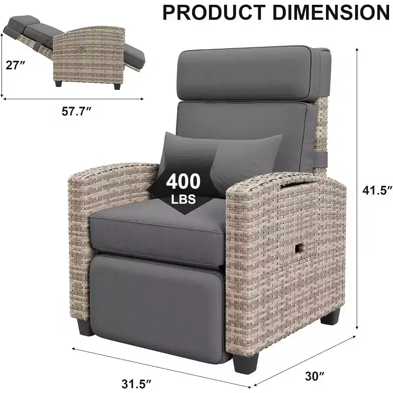 Outdoor Wicker Lounge Recliner Chair, Rattan Patio Recliner with Air Pump, Adjustable Backrest, Flip-Up Table and Cushion, 150 Degree Lay Flat