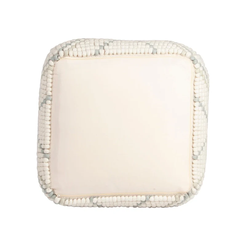 Cream/Grey/Teal Wool & Cotton Round Pouf Ottoman, 24