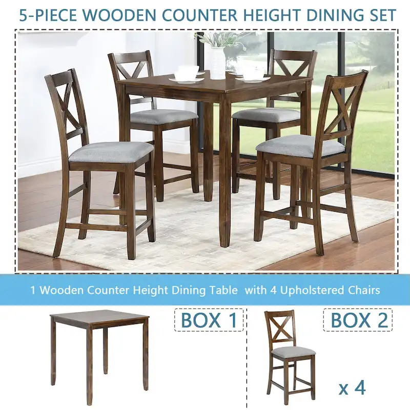5 Piece Counter Height Table Set, Wooden Kitchen Table Set with Square Table and 4 Upholstered Chairs