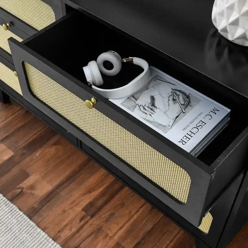 Grondin Mid-Century Modern Boho Style 6 Rattan Drawers Double Dresser with MDF Frame and Solid Wood Legs,