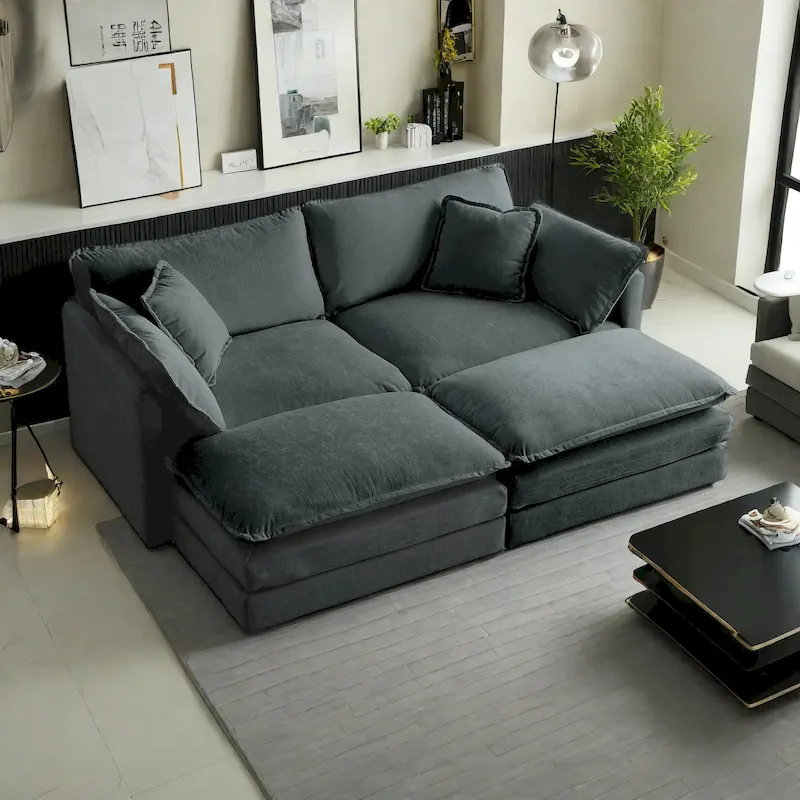 4-Piece Modular Chenille Upholstered Sleeper Sectional Sofa Bed with Ottoman