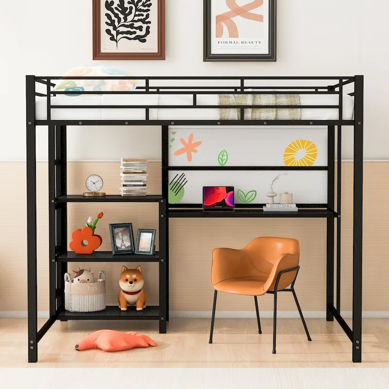 Metal Loft Bed with 3 Shelves and Ladder
