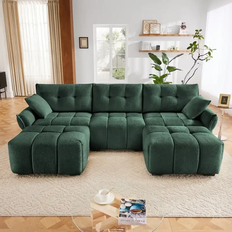 110.2 Chenille 3 Seater Upholstered Sofa, 2 Ottoman