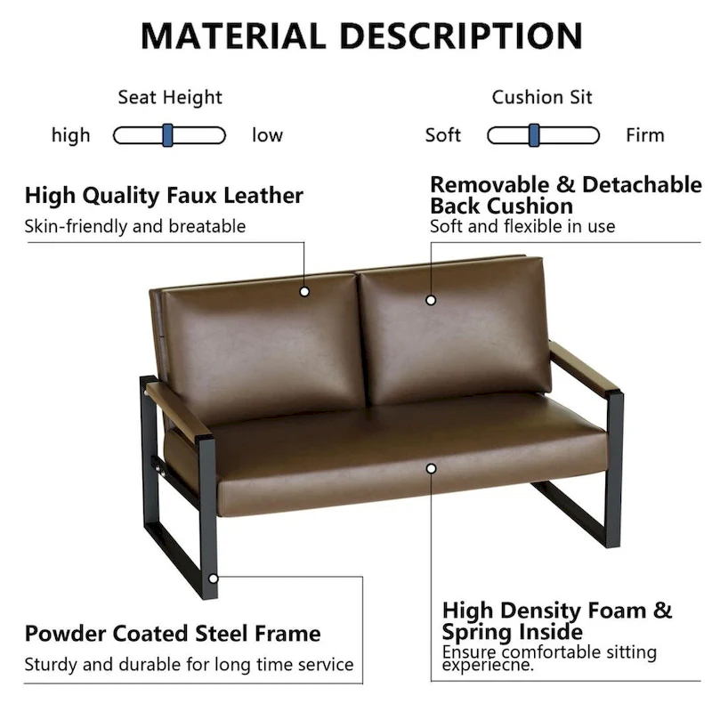 Mieres Mid-Century Style Faux Leather Loveseat Sofa with Steel Frame